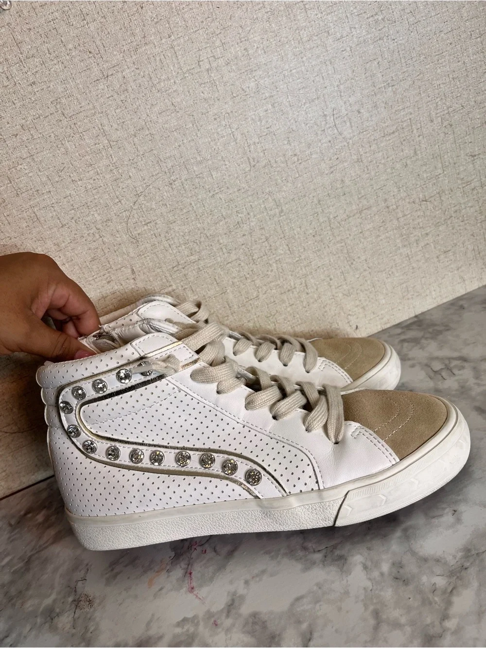 Vintage Cream & White High-Top Sneakers with Stud Accents